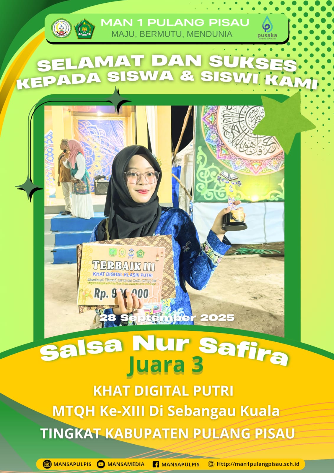 SISWI MAN 1 PULANG PISAU PLUS KETERAMPILAN BERHASIL MERAIH JUARA 3 DALAM MTQH KE-XIII TINGKAT KABUPATEN PULANG PISAU TAHUN 2025